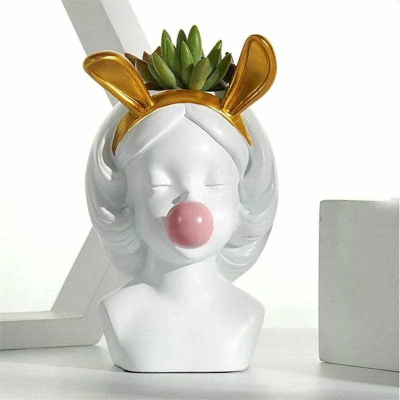 Modern Nordic Resin Human Face Vase Cute Girl Blowing Bubbles Decorative Flower Pot Succulent Flower Pot Home Tabletop Decor