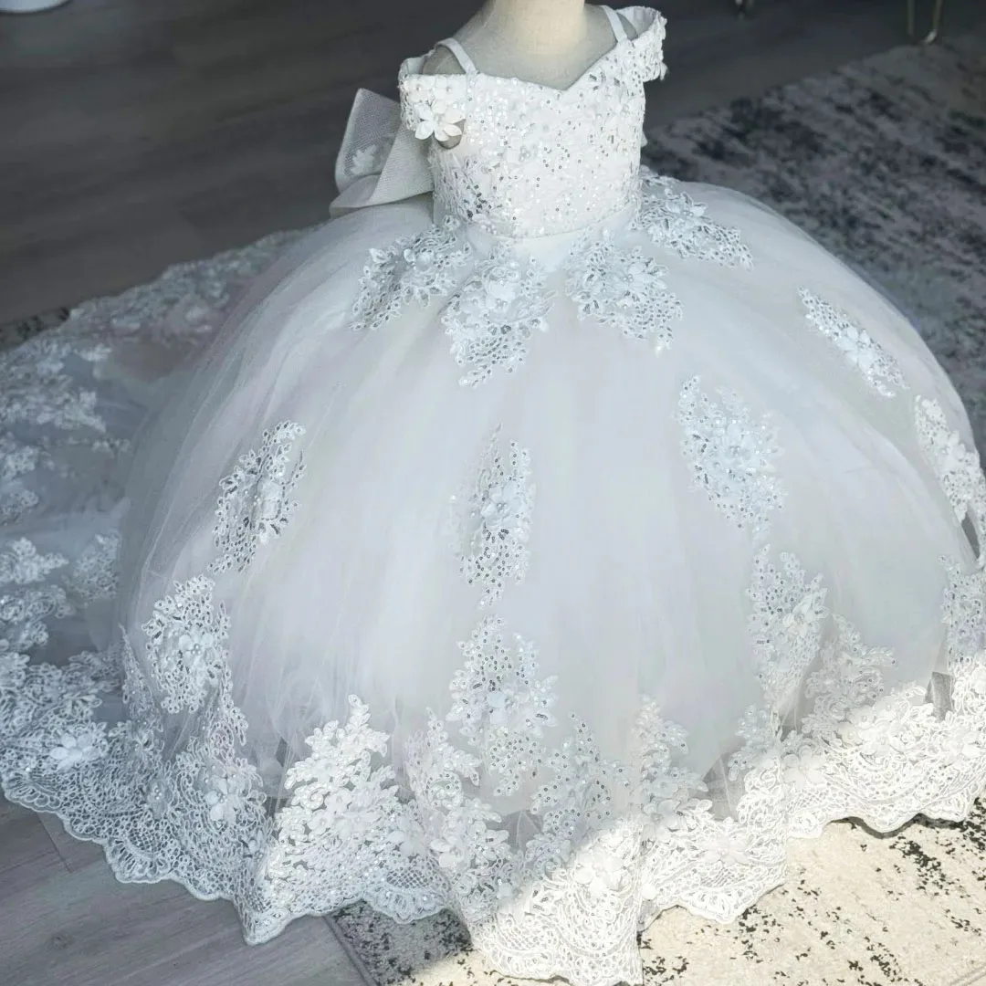 

Белые кружевные аппликации по индивидуальному заказу, платья с цветочным узором для девочек на свадьбу с бантом, платья принцессы для первого причастия, детские платья для дня рождения