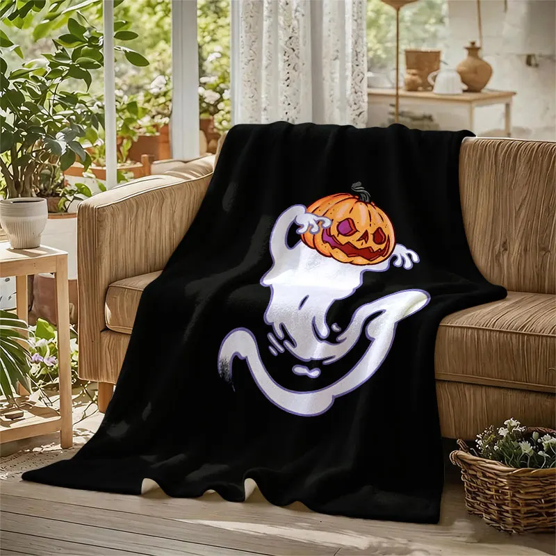 Pumpkin Ghost Black Flannel Blanket Perfect for Sofa Office Bed Travel Sleep Read Relax Camping Four Season Use