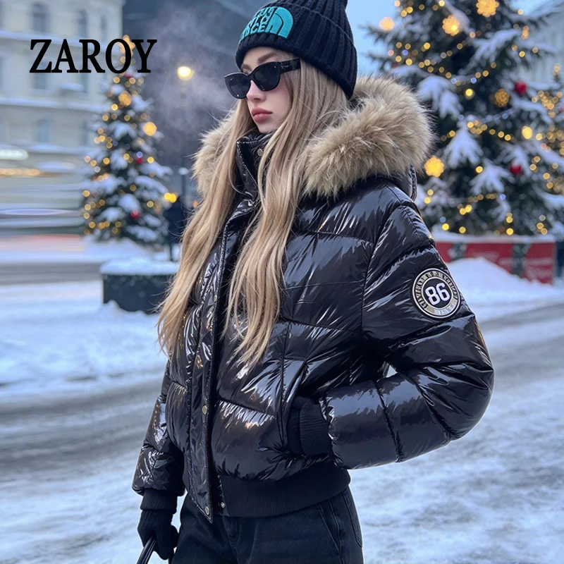ZAROY Shiny Puffer Jacket Women Winter Fur Collar Hooded Thick Warm Cotton Short Coat Waterproof Y2K Vintage Badge Parkas куртка