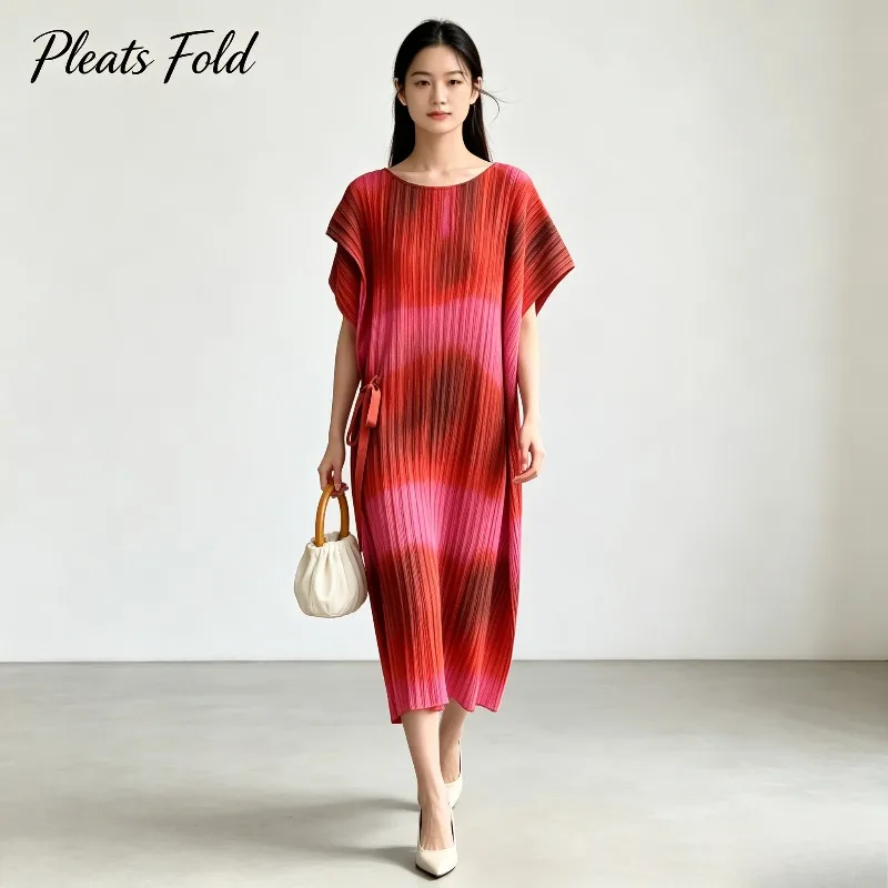 Miyake Pleated 2026 New Spring Summer Gradient Double Layer Dress Women Round Neck Tie Waist Pleated Design Mid-Length Skirt