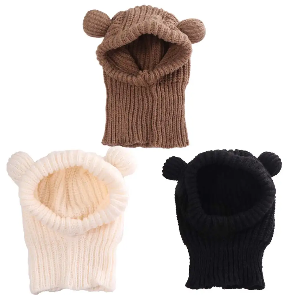 

Korean Style Bear Ear Balaclava Hat Solid Color Outdoor Knit Hooded Beanie Hat Skiing Cycling Warm Winter Pullover Helmet Cap