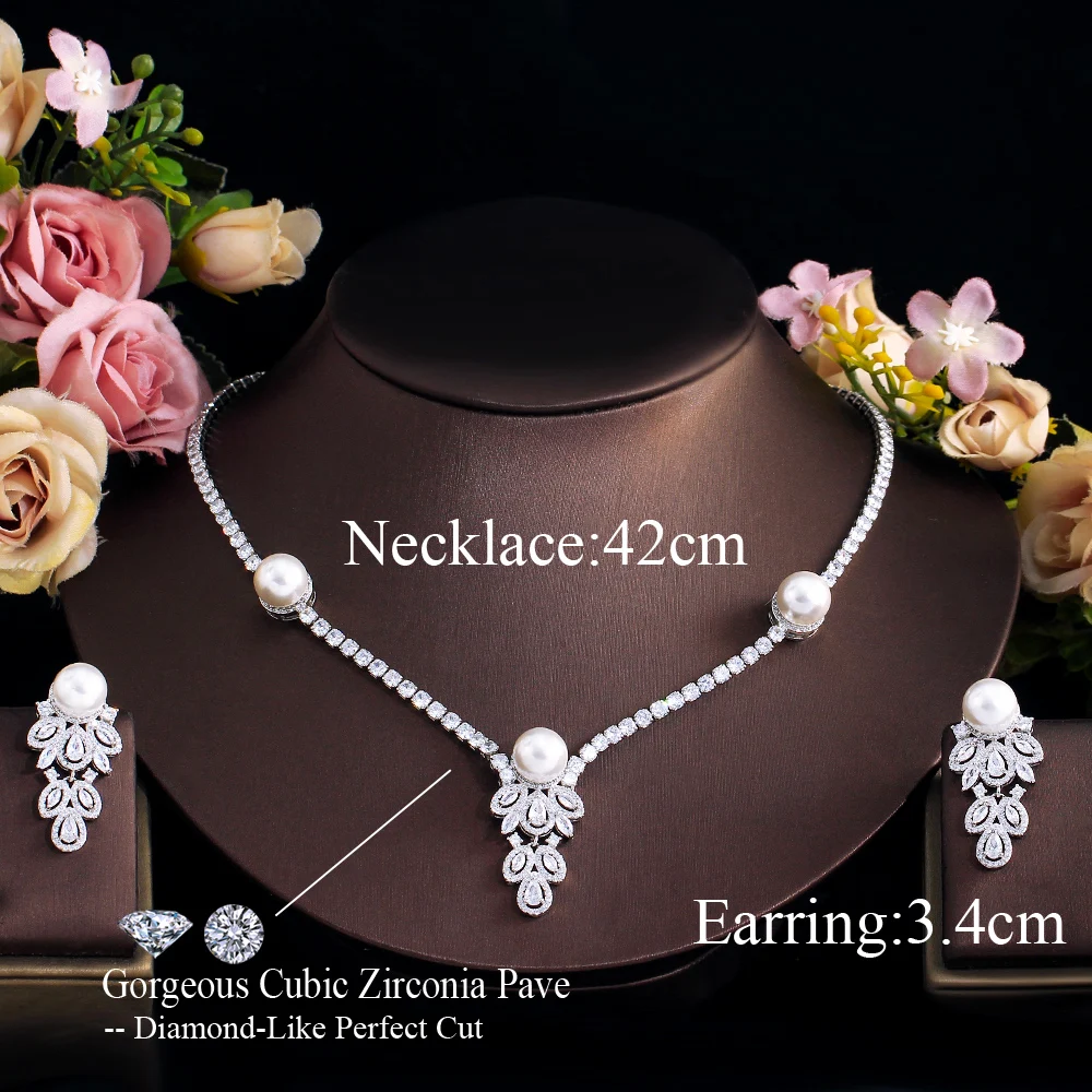 CWWZircons Top Shiny Cubic Zirconia Feather Pearl Drop Wedding Necklace and Earrings Festival Event Jewelry Sets for Women T734