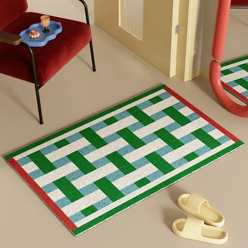 Red Blue Geometric Plaid PVC Coil Doormat Cuttable Anti Slip Entrance Floor Mat Household Dust Removal Front Door Foot Mat