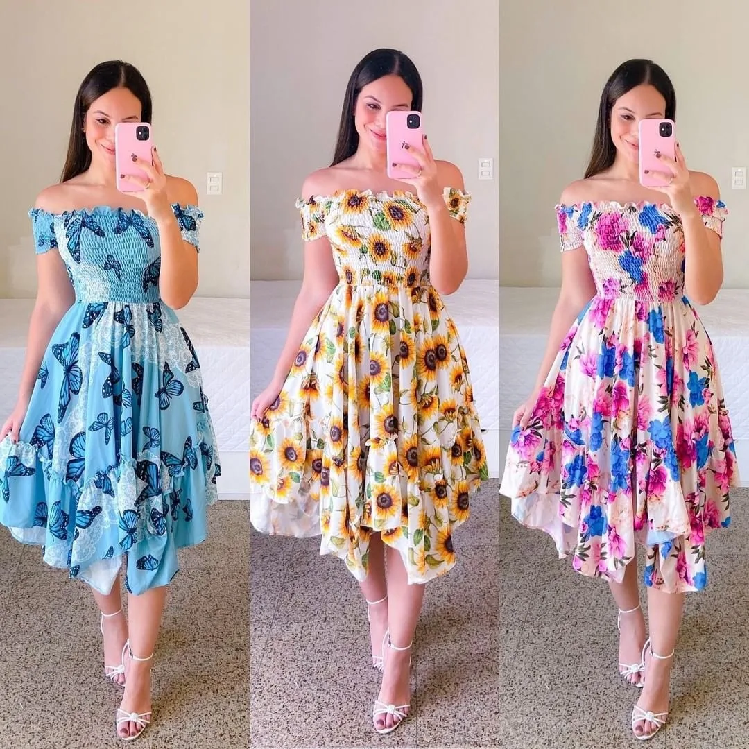 

2025 Summer New Bohemian Off-Shoulder Printed Dress Women's Summer Sweet Lotus Edge Skirt Party Dress