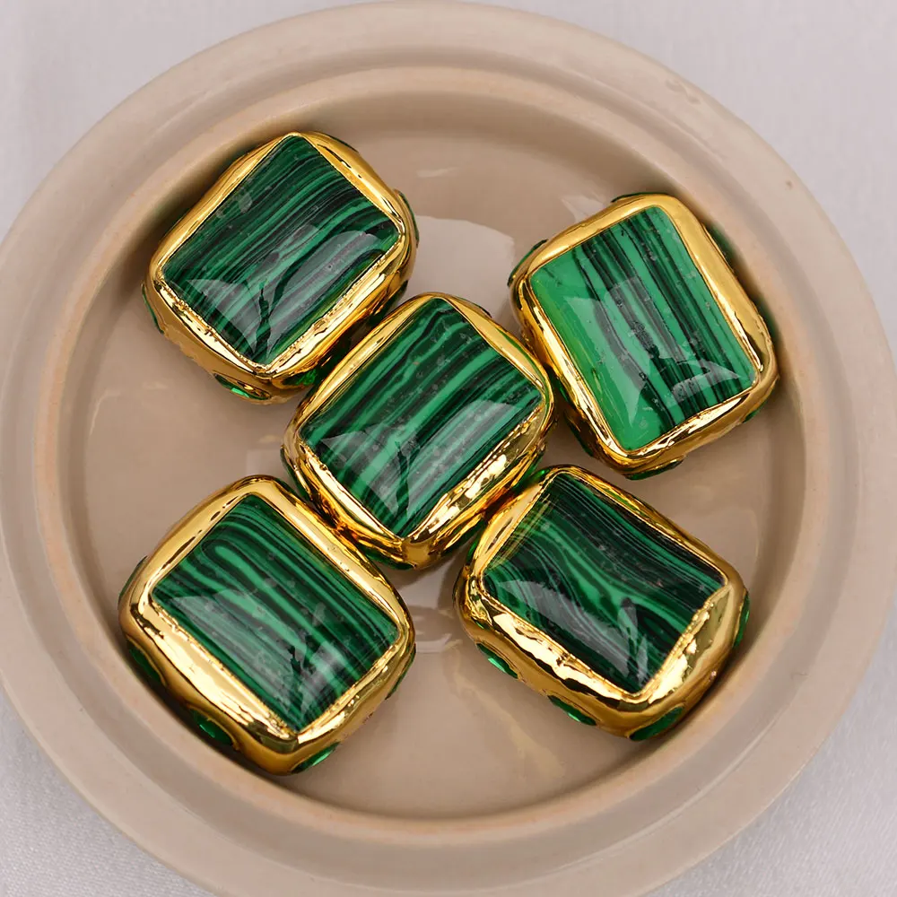 

APDGG 5 Pcs Green Malachite Gold Edged Stone Beads Jewelry Making DIY