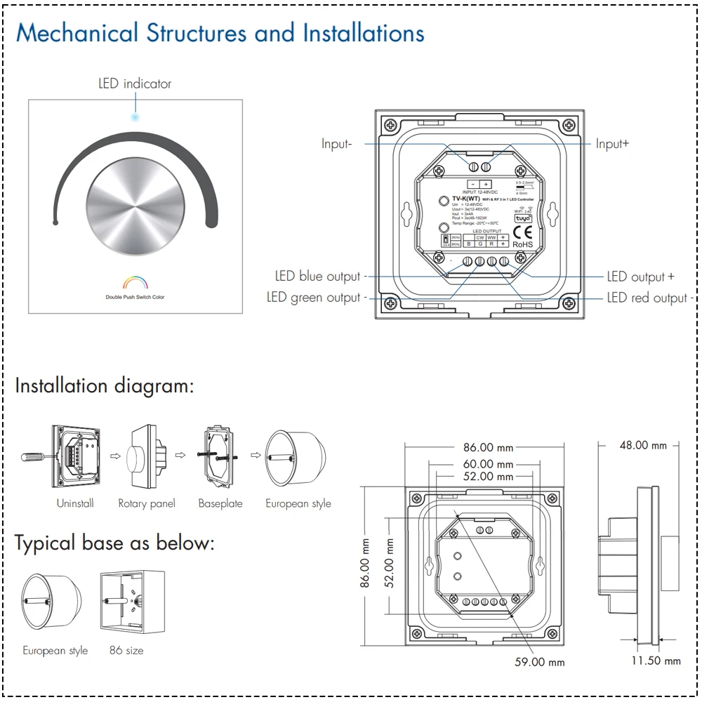 Rotary Glass Panel Constant Voltage LED Controller DC 12V 24V Smart Dimmer WIFI TUYA APP Cloud Control For DIM CCT RGB LED Strip