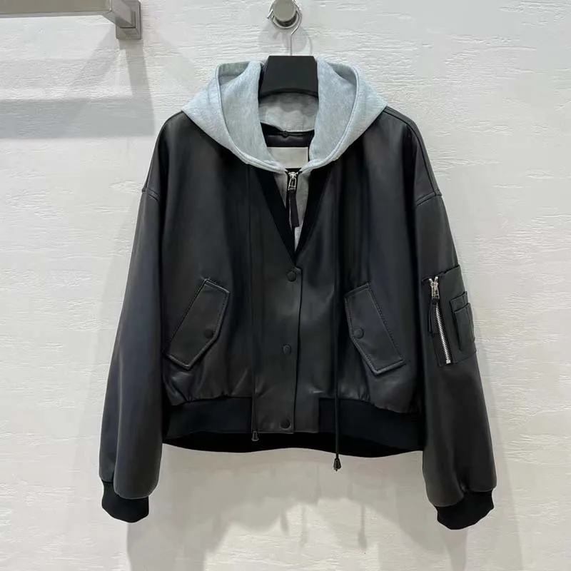 High Quality Women Coat Spring And Autumn Short Length 2023 New Fashion Genuine Leather Jacket With Hooded Splicing Style