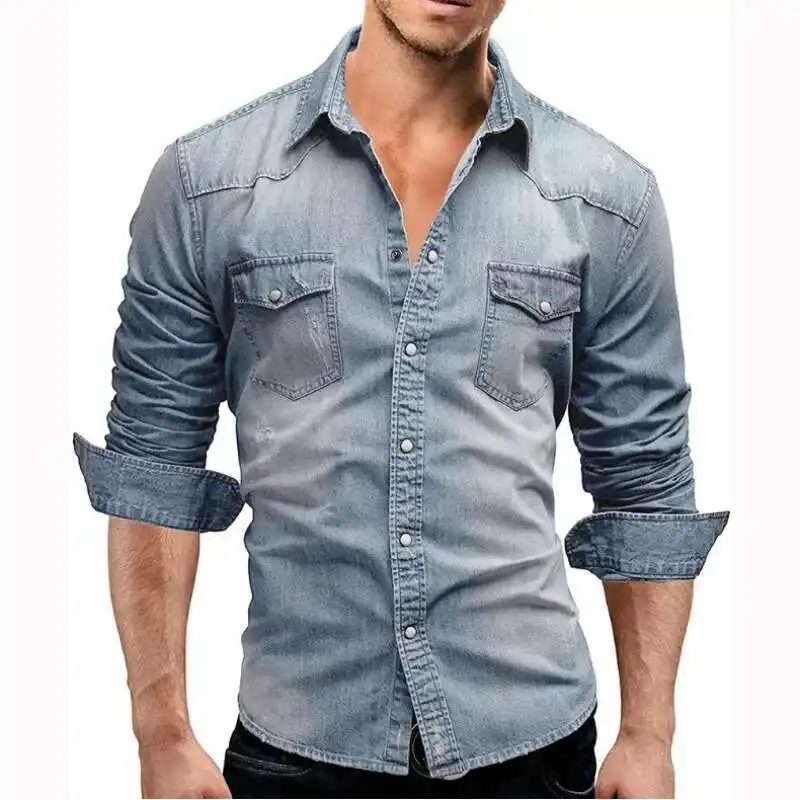 Sleeved Youth Style American New Solid Long Casual European And Color Patchwork Men's Denim Shirt
