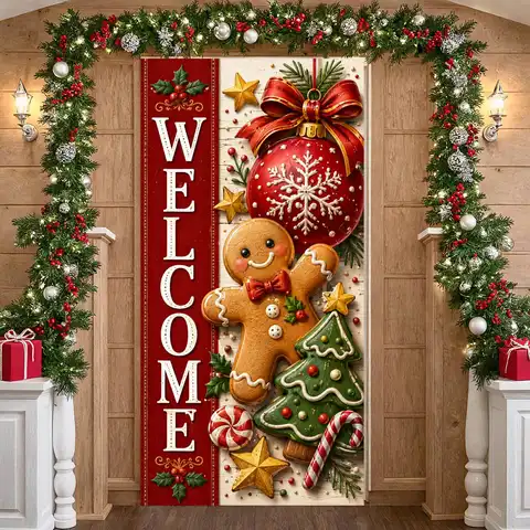 Scheme Welcome Christmas Banner Gingerbread Man Design Christmas Door Cover  for Front Door Decor Christmas Party Indoor Holiday