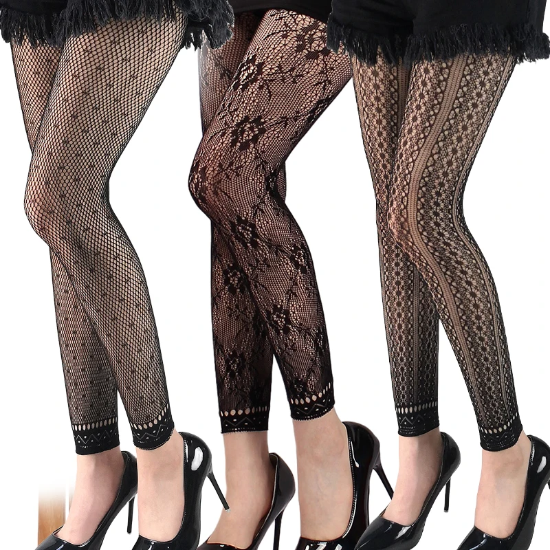 Women\'s Black Sexy Patterned High Waist Fishnet Footless Tights Girls Leggings Floral Lingerie Stockings for 40-75kg 150-170cm