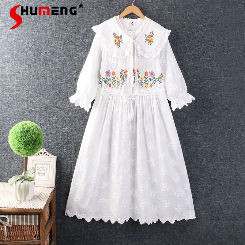 

Japanese Style Artistic Mori Detachable Doll Collar Flare Sleeve Lace-up High Waist Loose Casual Embroidered Long Dress Women