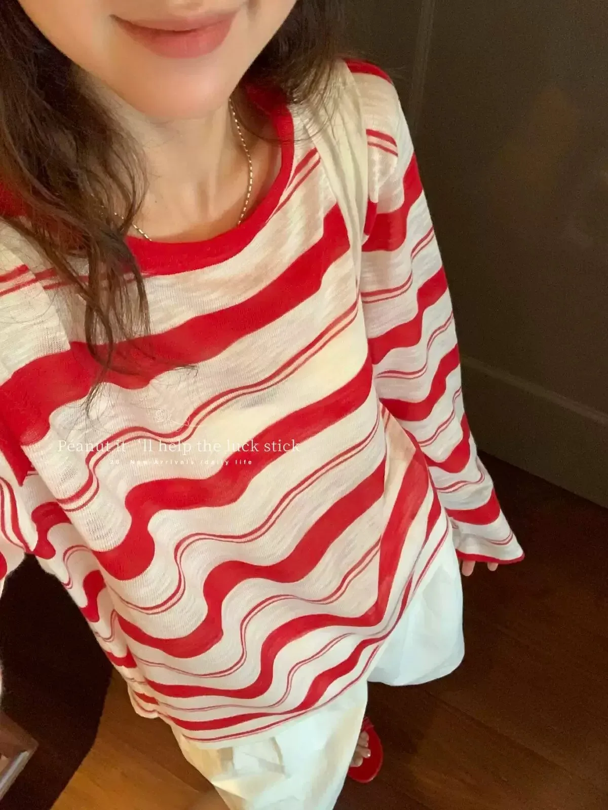 2026 New Summer Korean Thin Semi-Sheer Red Striped Knit Sunscreen Top Crew Neck Pullover T-shirt Cover Up For Women
