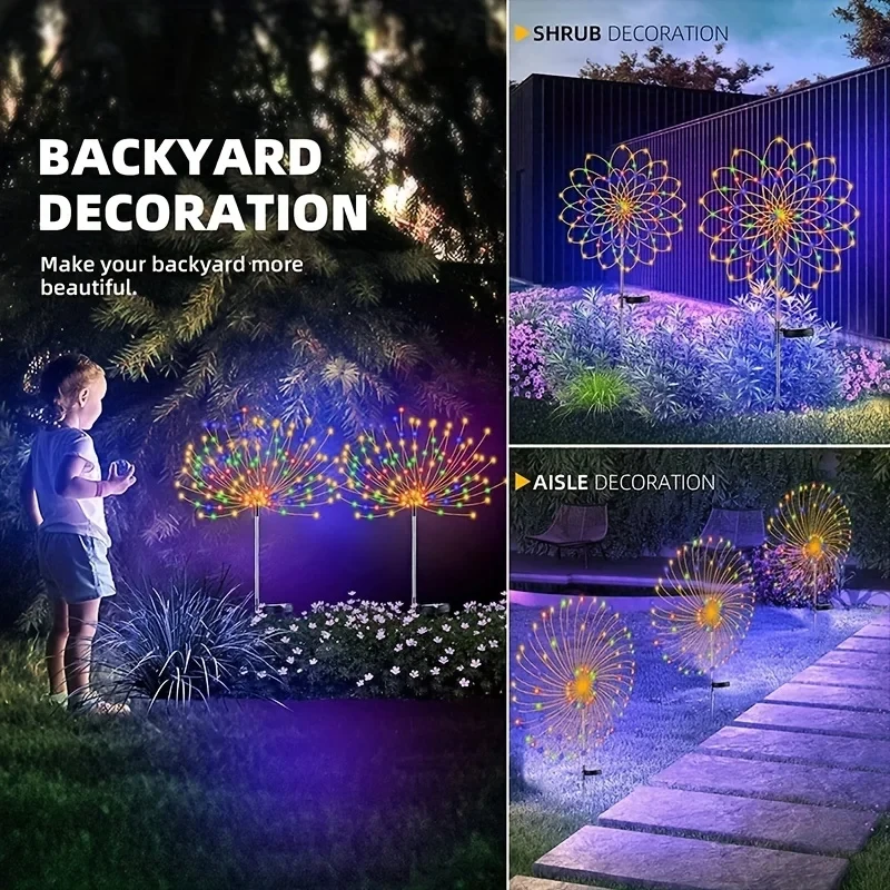 Solar Powered Fireworks Lights, Ground Mounted Atmosphere, Outdoor Waterproof Courtyard Garden, LED Small Color String Lights