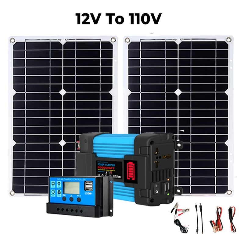 Solar Power System 6000W Inverter LCD Display Four USB Ports 12V Output Voltage 18W Solar Panel 30A Controller Outdoor Charging