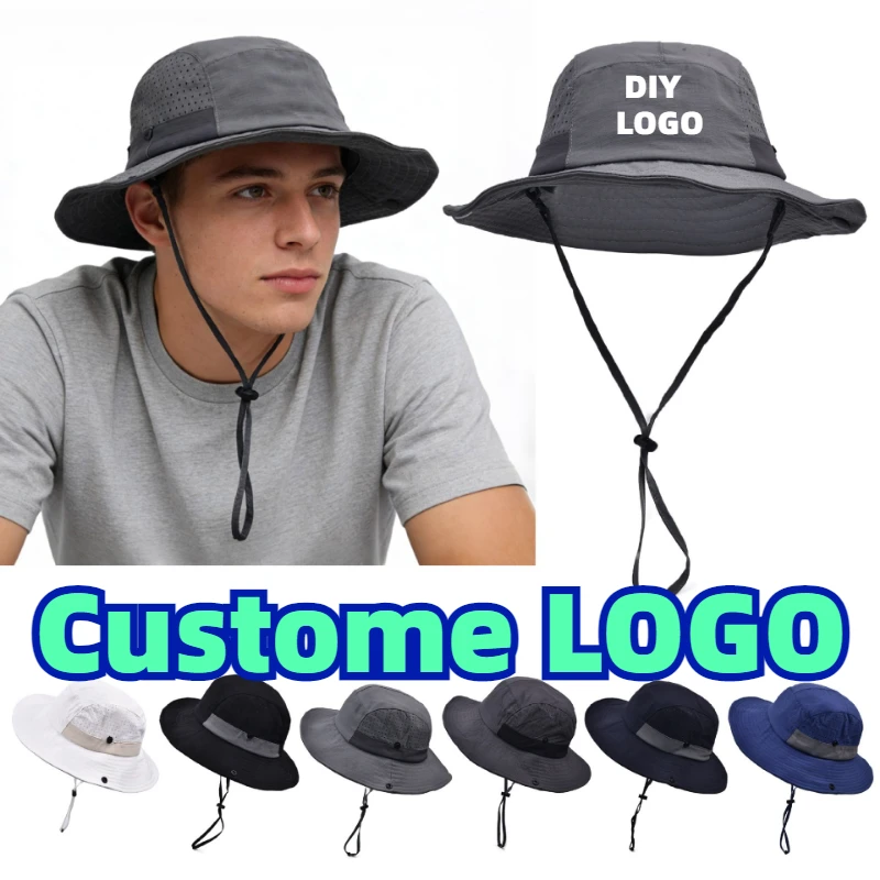Custom Printed Logo Mesh Breathable Bucket Hat Men and Women Outdoor Mountaineering Sunshade Hiking Quick Dry Fishing Cap