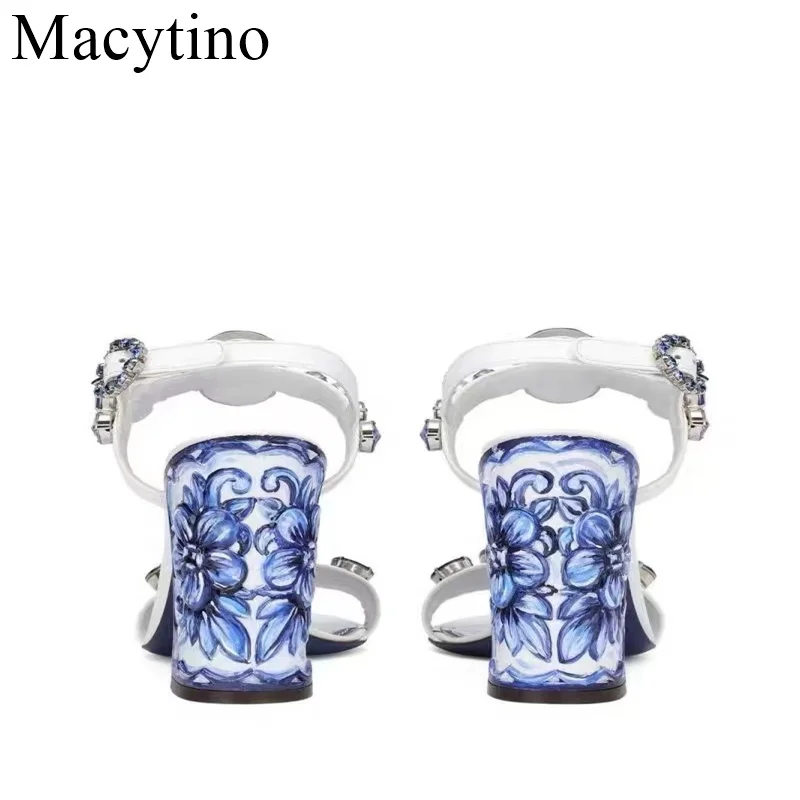 Luxury Diamond Crystal Decor Modern Sandals Women Blue And White Porcelain Print Ankle Strap Summer Shoes For Girls