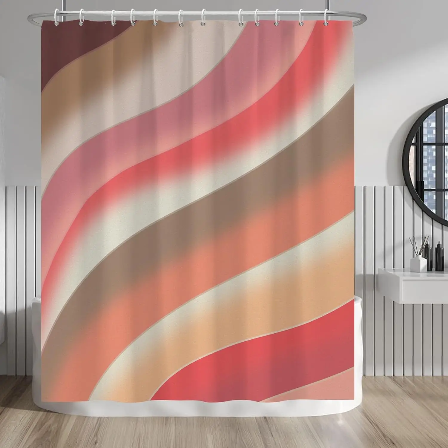 Modern Abstract Wavy Shower Curtain Waterproof Bathroom Decor Pink Beige Gradient Curtain 180x180cm