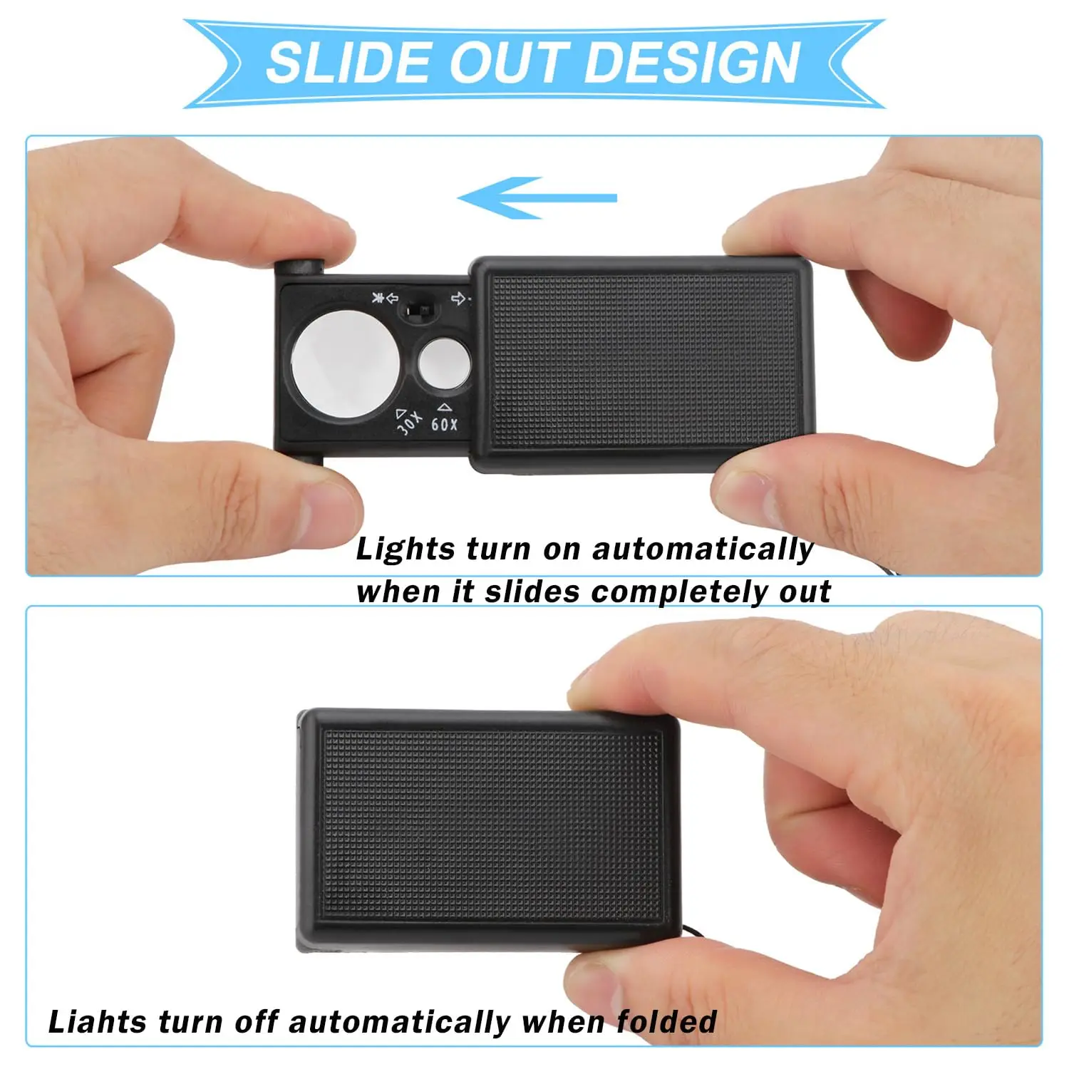 30X 60X Pocket Jewelry Magnifier Slide Out Illuminated Magnifying Glass with LED UV Light Handheld Loupe Lens For Diamond Coins