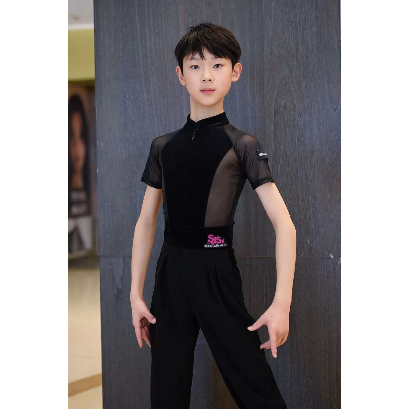 

Latin Dance Clothes Boys Competition Tops Velvet Mesh Splicing Black Tosp Short Sleeves Dance Shirts Performance Wear DNV26575