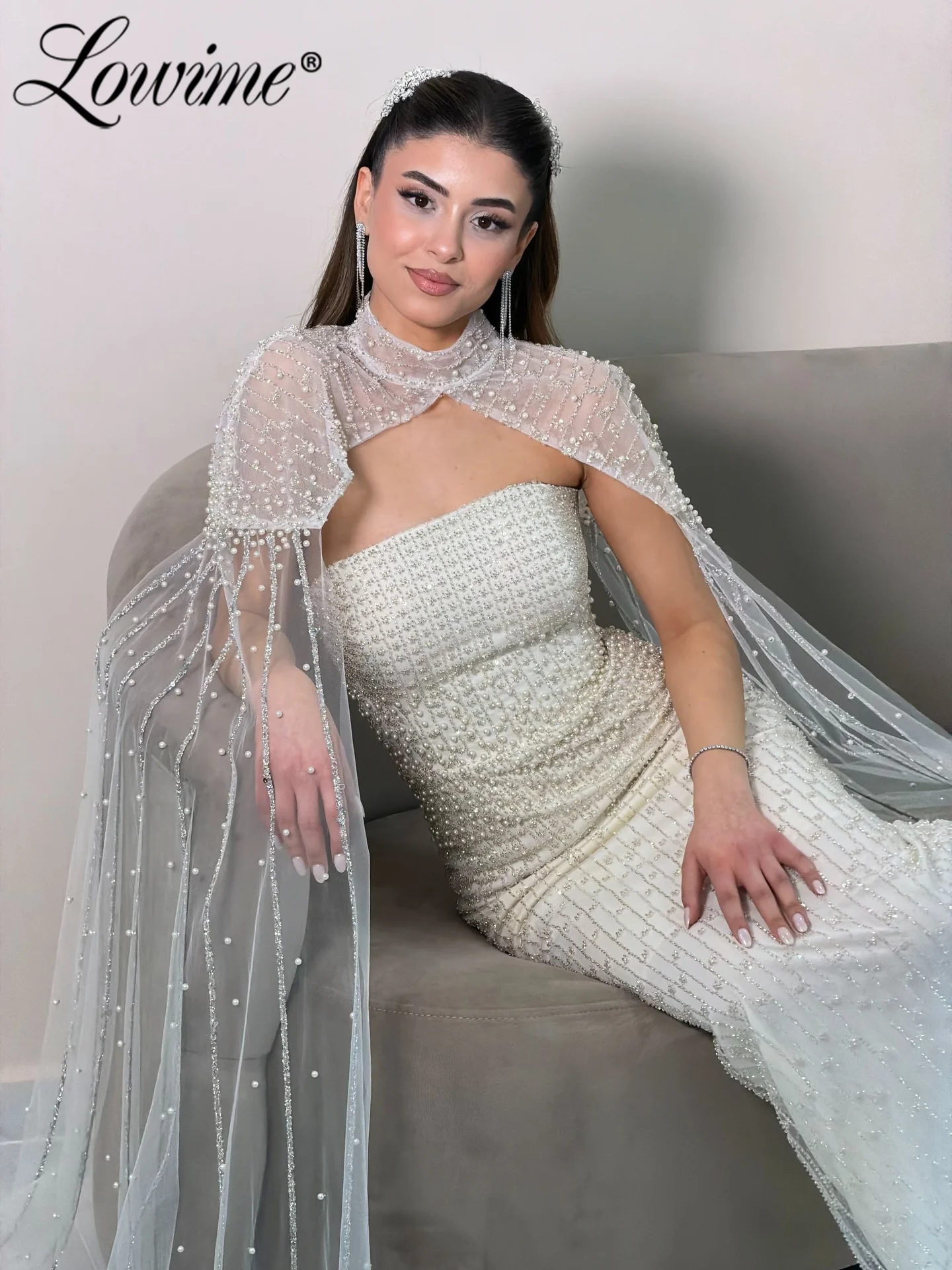 

Elegant Ivory Cape Sleeves Evening Dress Off White Pearls Beading Mermaid Birthday Party Reception Dresses Customized Prom Gowns