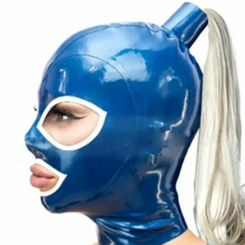 

Handmade Latex Rubber Hood Mask with Ponytails Wigs Blue Color Customized 0.4mm