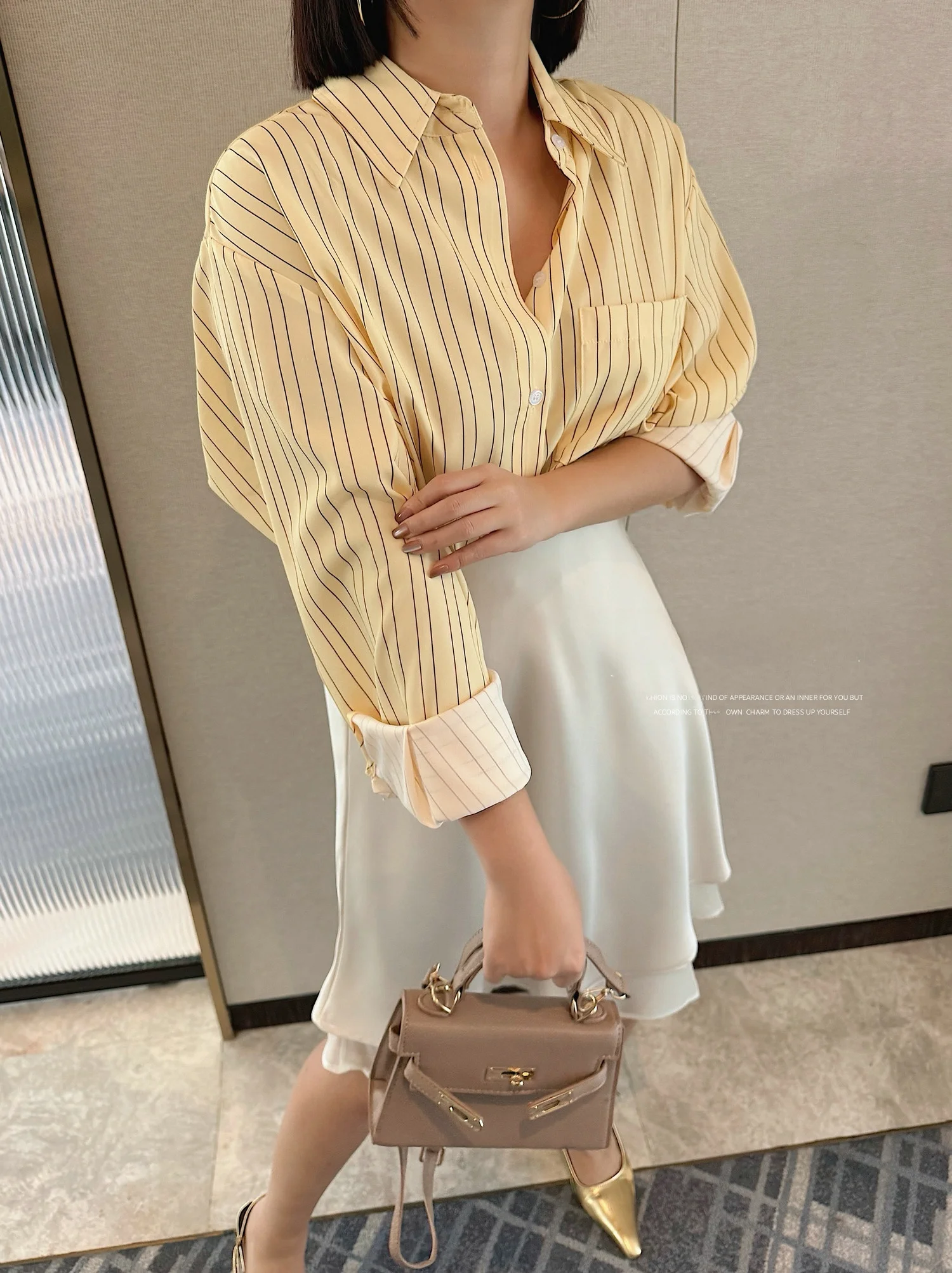 

Yellow Striped Long Sve Loose Women's irt JINGONI Ele Sle Polyester Fiber Straight Cut Spring New Arrival