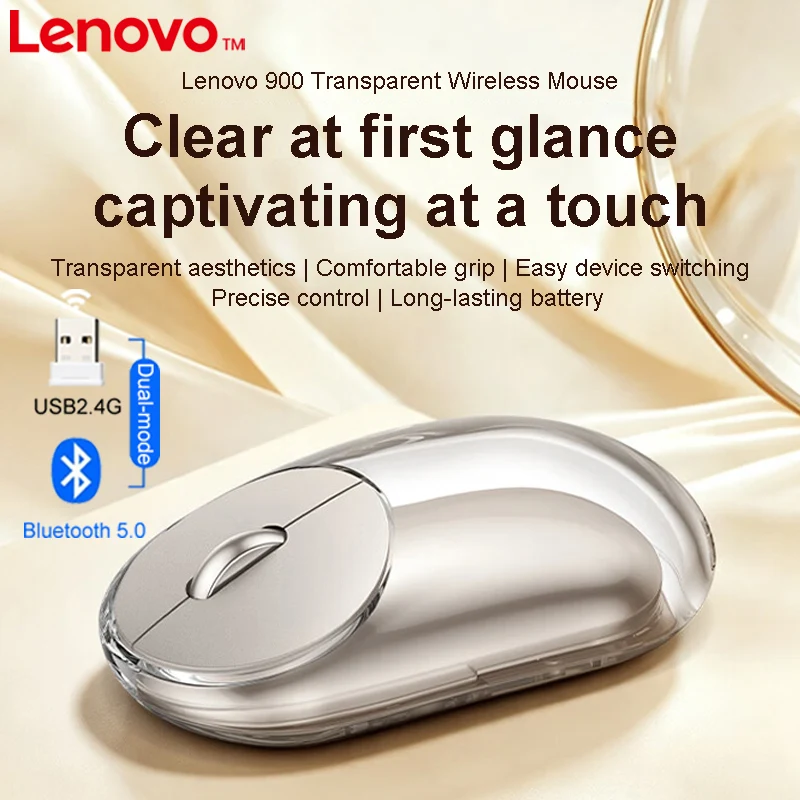 Lenovo 900 Transparent Wireless Mouse, Multi-Device Bluetooth & 2.4G Dual Mode, Rechargeable Type-C Wireless Mice for Laptop PC