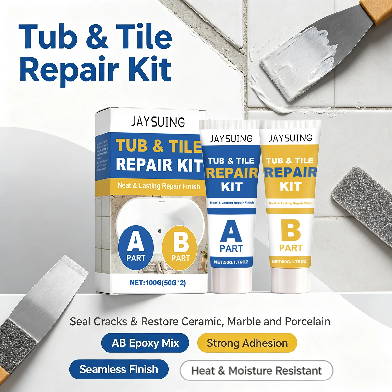 Tub & Tile Repair Kit Repair Damaged Tile Bathtub Fill Cracks Waterproof Stain-Resistant Ceramic Marble Crack Filler Sealing Set