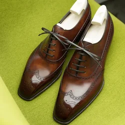 New In Brown Brogue Shoes for Men Black Lace-up Square Toe Party Wedding Shoes  Men Shoes Size 38-46