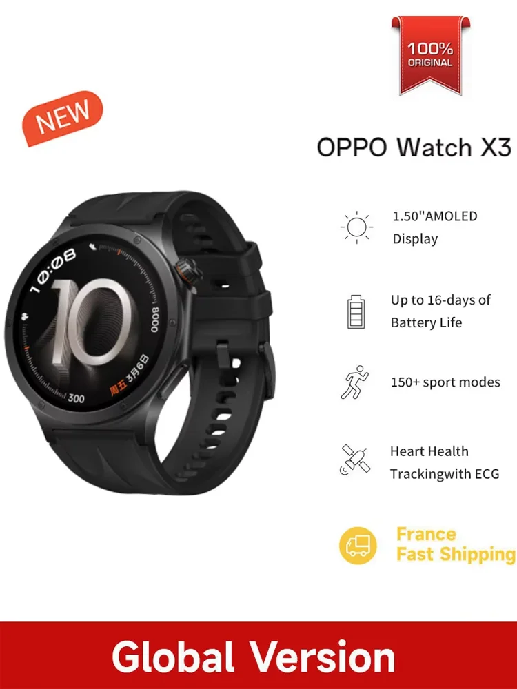 Globale Version OPPO Watch X3 Smartwatch Ultraleichtes Gehäuse aus Titanlegierung 1,50 Zoll LTPO AMOLED-Display 16 Tage Akkulaufzeit NFC IP68