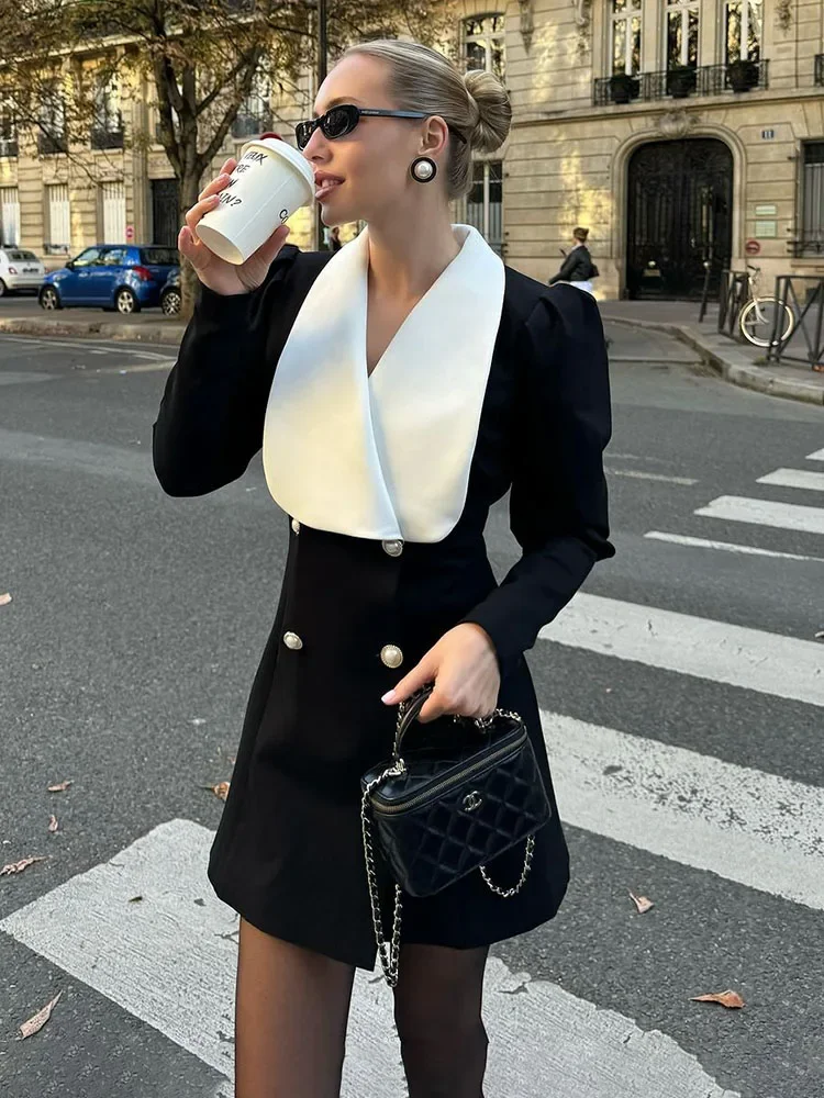 TARUXY Contrast Color Lapel Suit Dress Elegant Office Woman Outfits Pleatd Splice High Waist Mini Dress Double Breasted Fashion