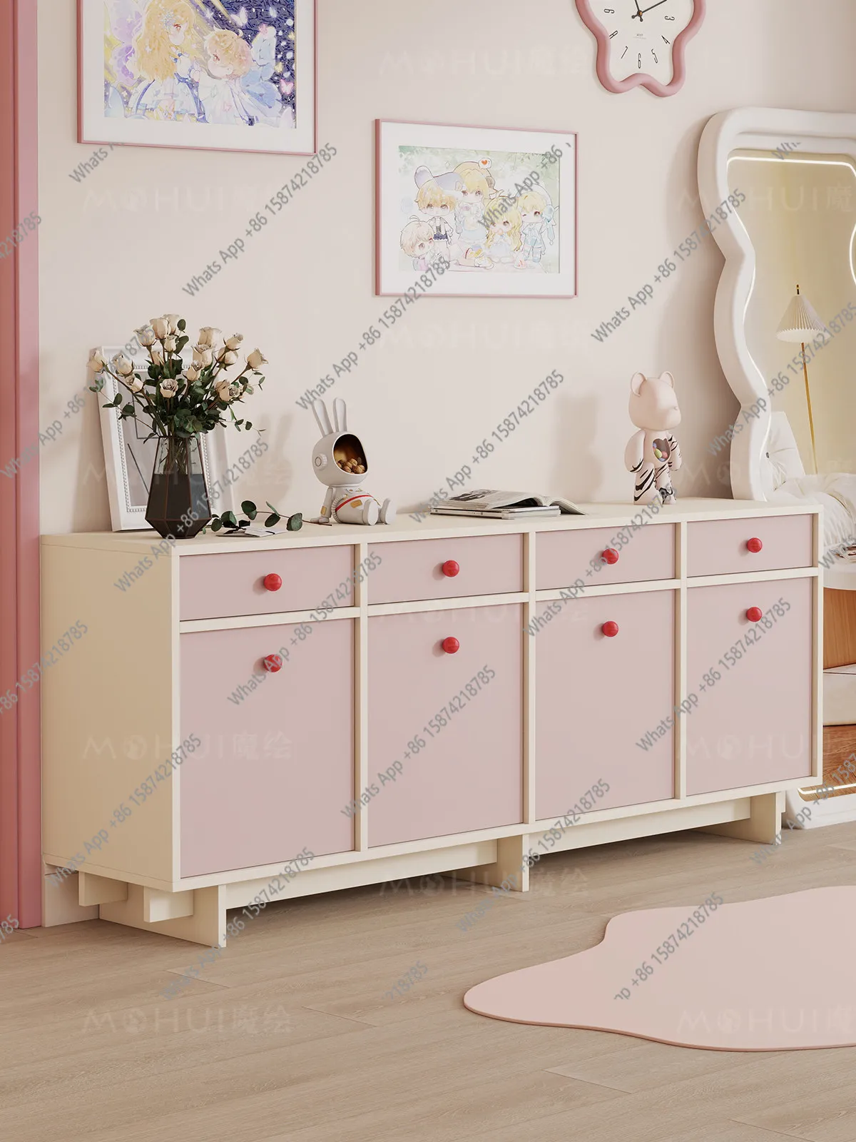 Modern simple entrance cabinet pink entrance cabinet door panel storage floor-standing multi-drawer storage cabinet