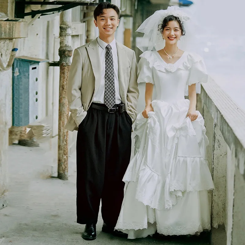 

Wedding Dress Satin Puff Sleeves Slimming Outing Dress Petite French Travel Photography Gown Wedding Dress