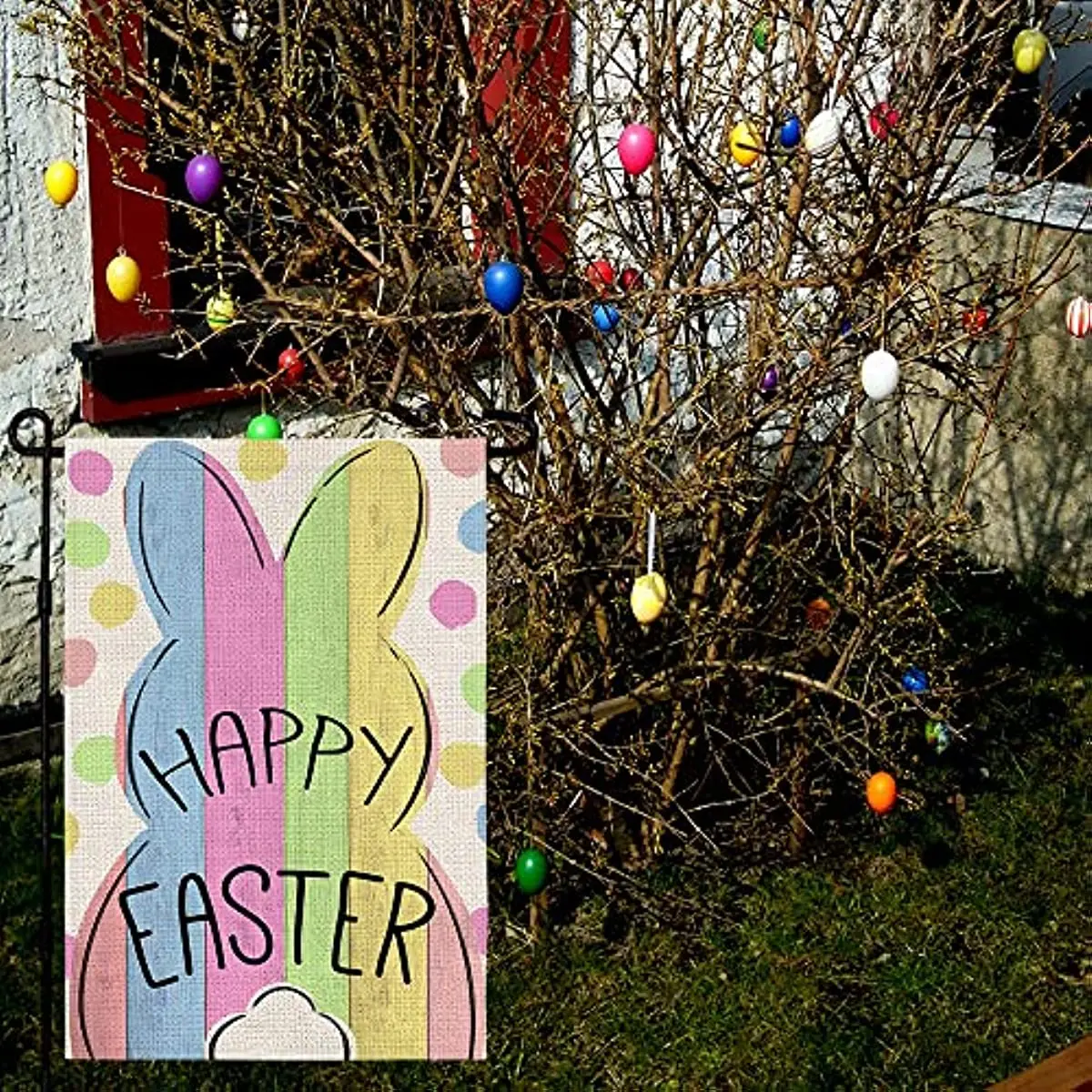 Happy Easter Bunny Garden Flag 12×18 Inch Double Sided Rabbit Tail Outside Vertical Holiday Yard Flag