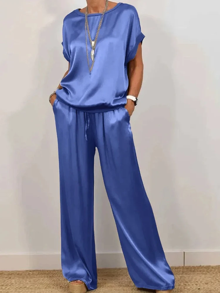 넓은 다리 바지 간단한 솔리드 복장, 여성 봄 여름 긴 소매 풀오버 탑 2PCS 세트, V 넥 버튼 플라이 세련된 숙녀 정장