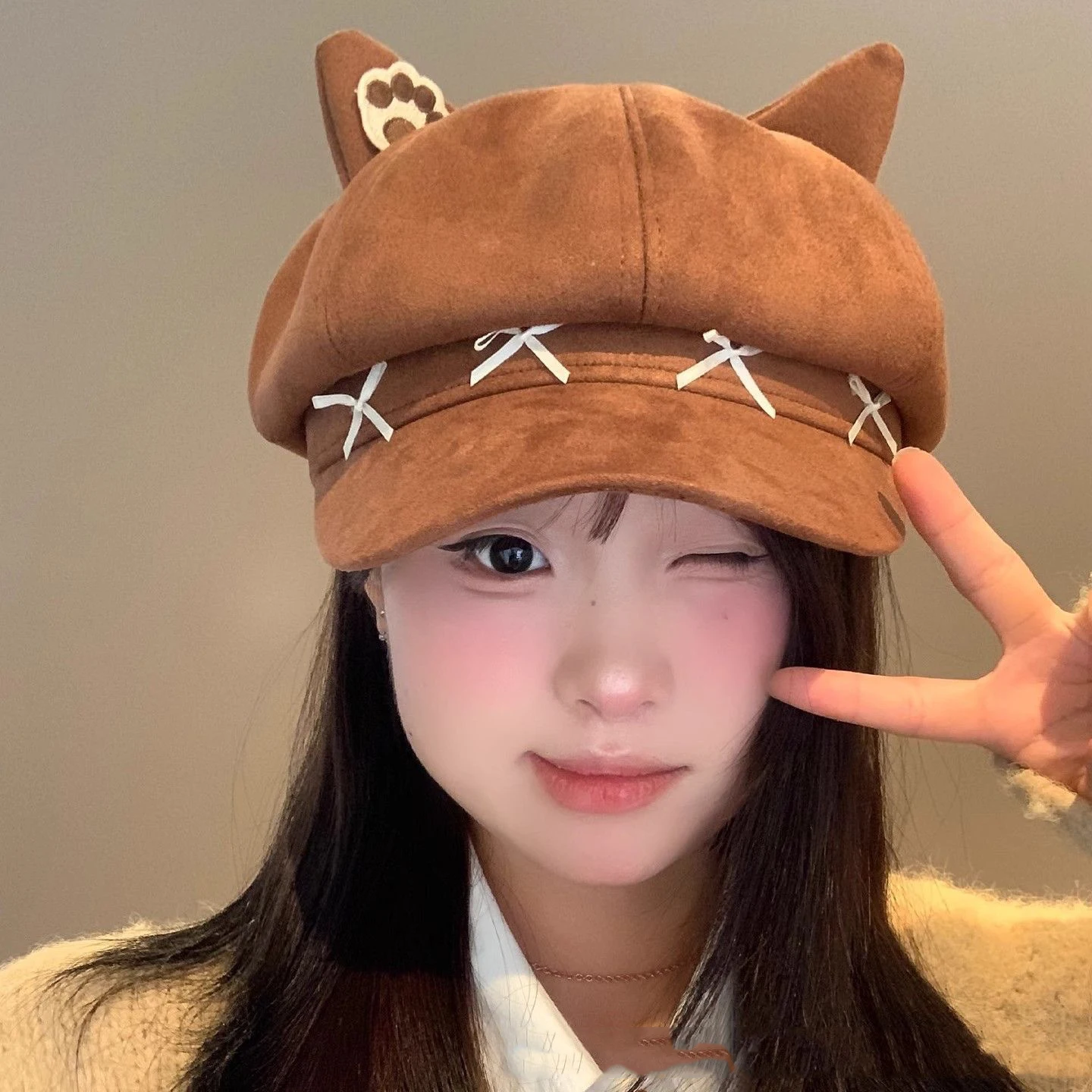 Hat Children 2026 New Cute Cat Ear Octagonal Beret Brown