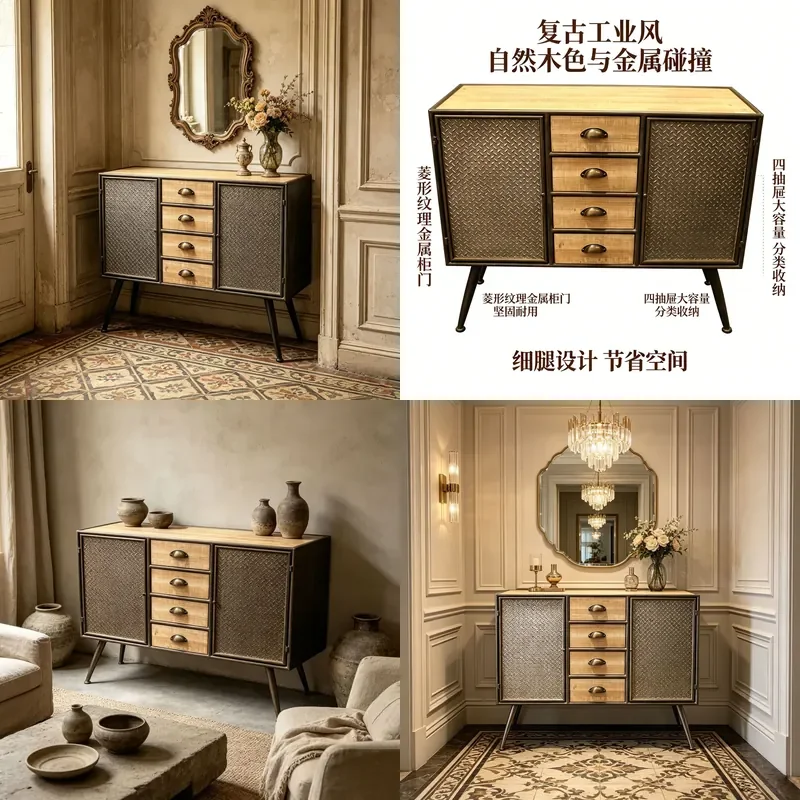 Retro Wrought Iron Wood Sideboard 2 Door 4 Drawer Industrial Storage Cabinet for Dining Room Living Room Entryway