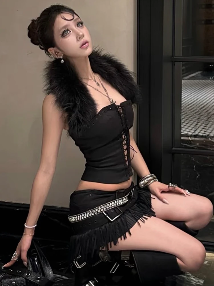 

Cutenew Backless Shirring Tank Top Women Sexy Y2K Furry Patchwork Halter Sleeveless Stretch Coquette Midnight Party Clubwear