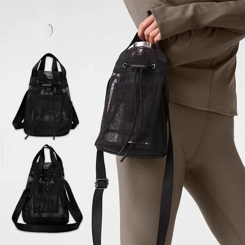 

Goddess Yoga Sports Sheer Cross Body Bucket Bag Black Casual Handbag for Women Portable Outdoor Shopping and Makeup Storage Bag