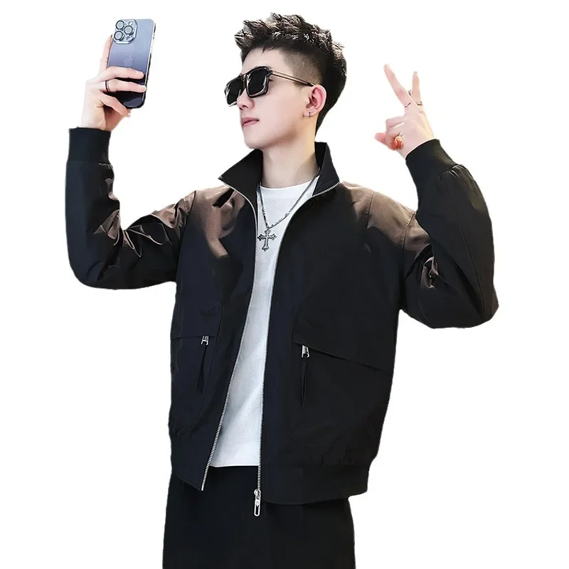 Spring Autumn Men Stand Collar Jacket Men Bomber Jacket Mens Windbreakers Zipper Coats Loose Cargo Jacket Men Casual Sportswear