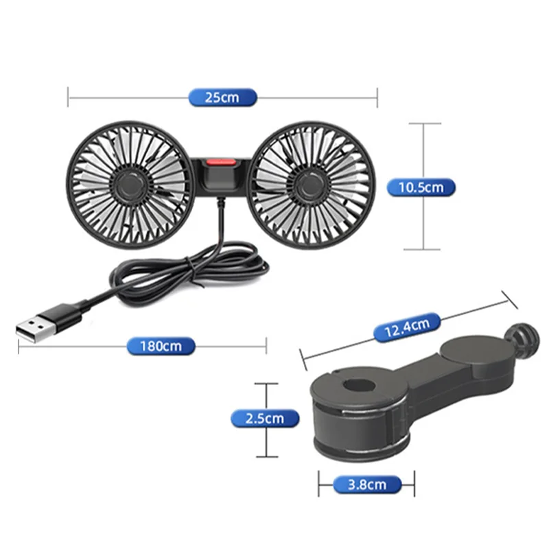 Ventilador de Resfriamento para Banco de Carro com 3 Velocidades, Carregamento USB, Ventilador de Cabeça Dupla com Rotação de 360 Graus, Resfriador de Pescoço para Acessórios de Carro no Verão