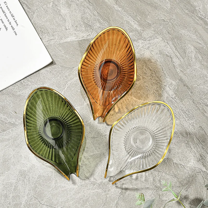 Elegant Golden Rim Leaf Soap Tray Vertical Texture Glass Self Draining Soap Holder For Bathroom Vanity Decor Home Use