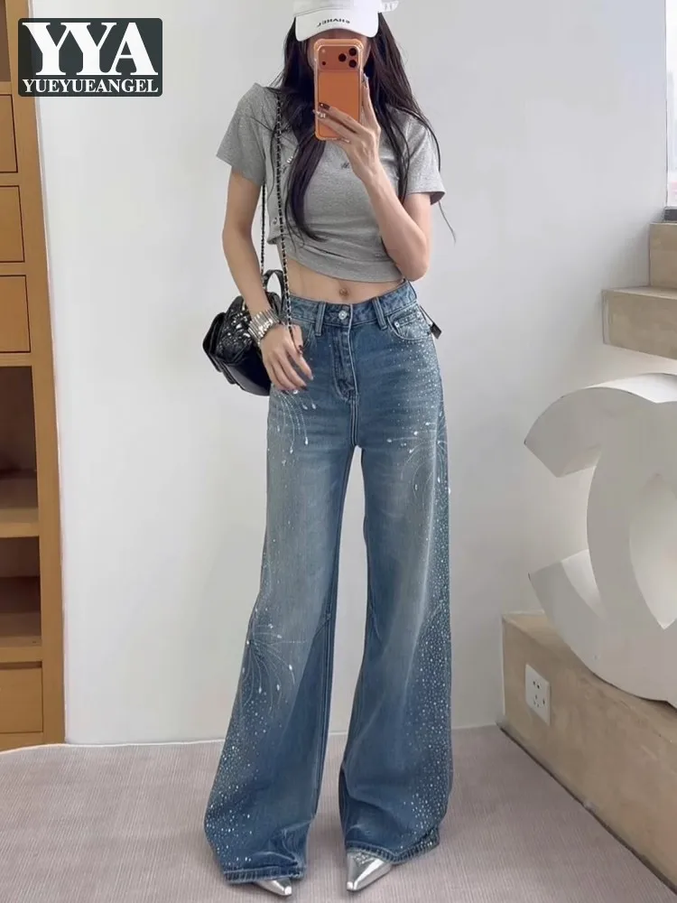 

Women Spring Fashion Versatile Shiny Diamonds Jeans High Waist Long Denim Pants Loose Fit Lady Casual Pants Streetwear Trousers