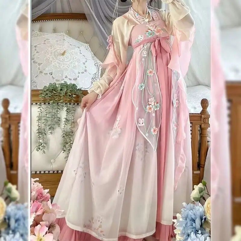 

2023 летнее новое танцевальное платье, халат принцессы, женское традиционное китайское платье ханьфу, костюм древней феи для косплея, розовое платье