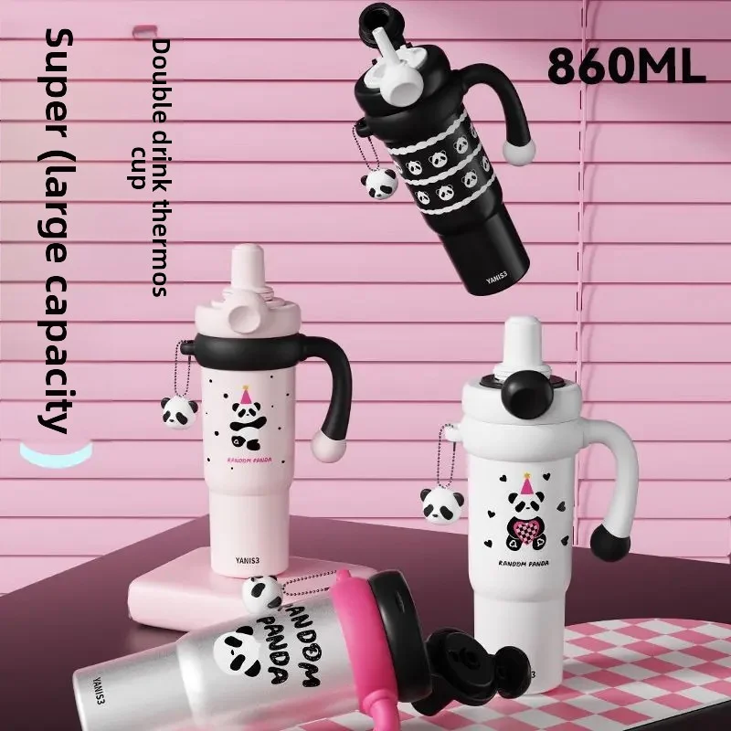 

860ML Panda Double Drink Thermos Cup with Straw & Keychain,Cute Stainless Steel Thermos Cup Insulated Water Bottle for Kids