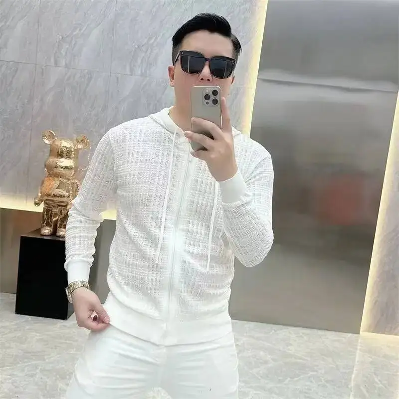 

New Summer Hollow Men's Hole Cardigan Mesh Knitted Solid Color Grid Hooded Sun Jacket
