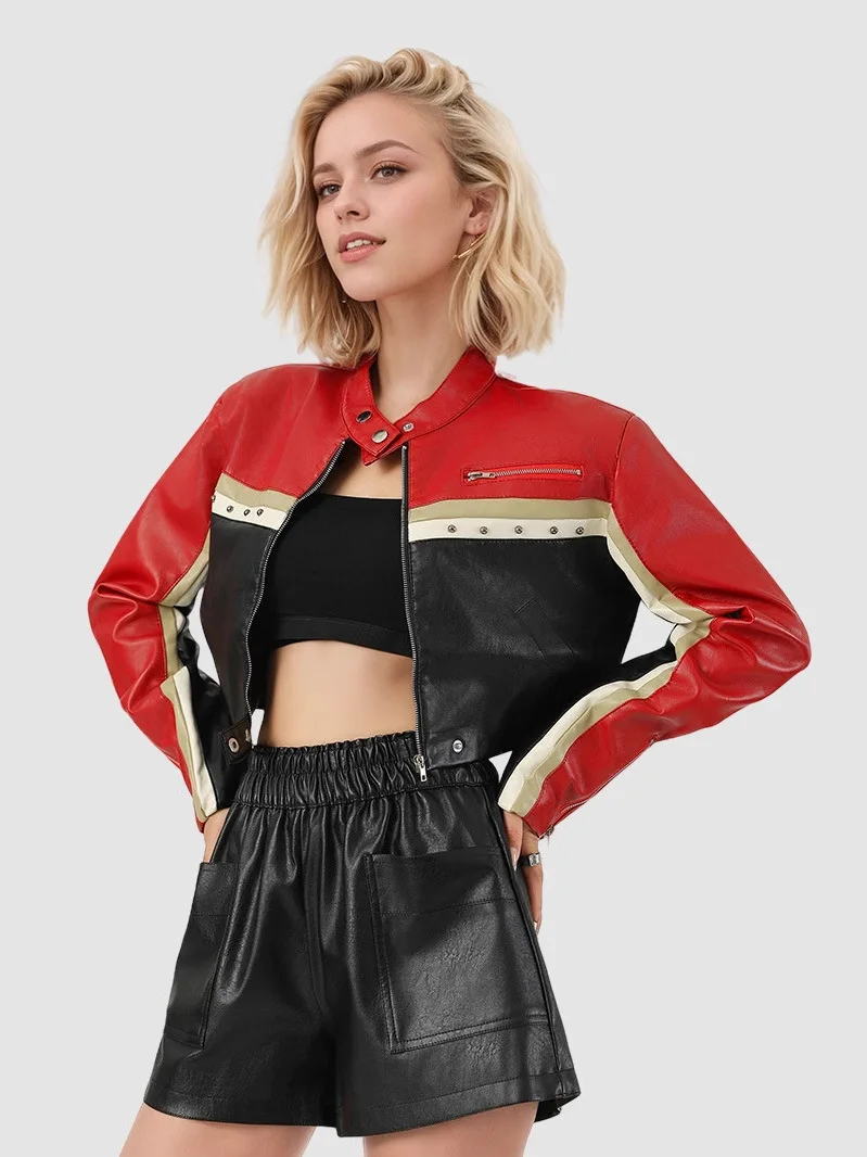Street Sle Jaet in pelle vintage da donna Top da motociclista casual allentato Materiale PU Cappotto lungo con colletto alla coreana con chiusura a cerniera