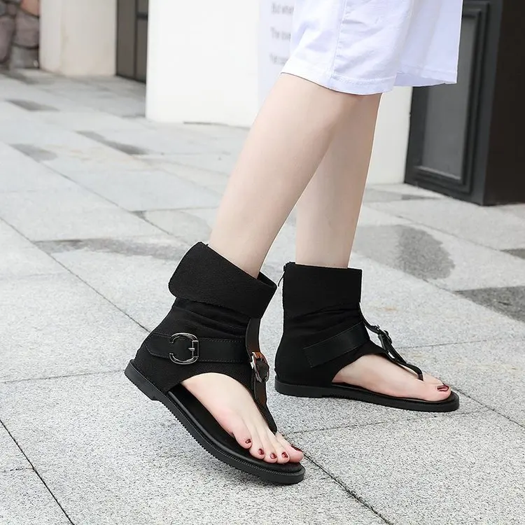 

New Summer Women's Roman Shoes Denim Belt Buckle Large Size High Top Vintage Casual Sandals Herringbone Flat Clip-toe Cool Boots