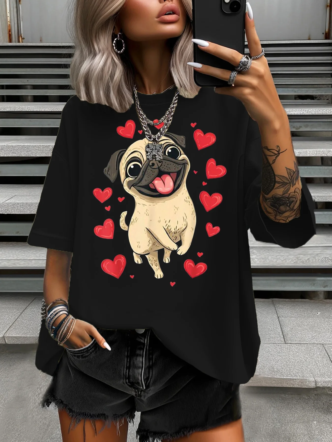 

Летняя женская футболка больших размеров, оригинальный дизайн, модная женская повседневная футболка с принтом красного сердца и собаки, мягкие топы с круглым вырезом и короткими рукавами